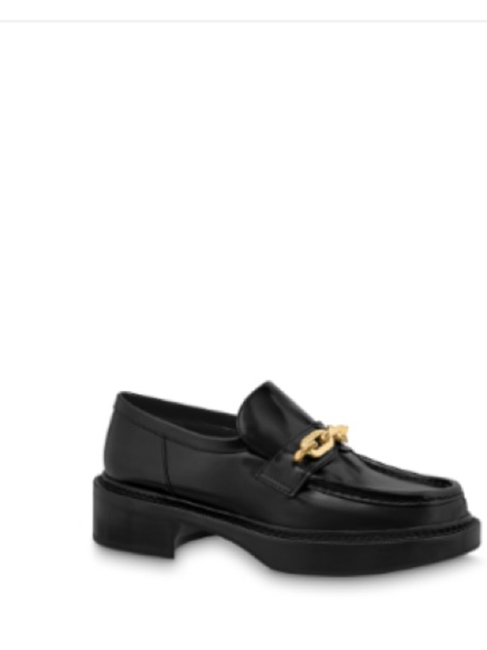 Louis Vuitton Black Leather Loafers with Gold Chain Accent